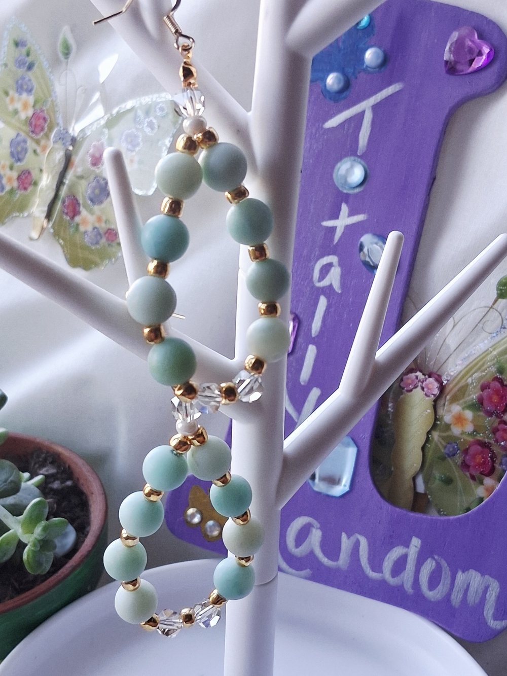 Handmade Mint Green Beaded Hoop Earrings with Gold Accents